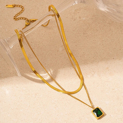 Gold-Plated Anti Tarnish Green Emerald Geometric Layered Necklace