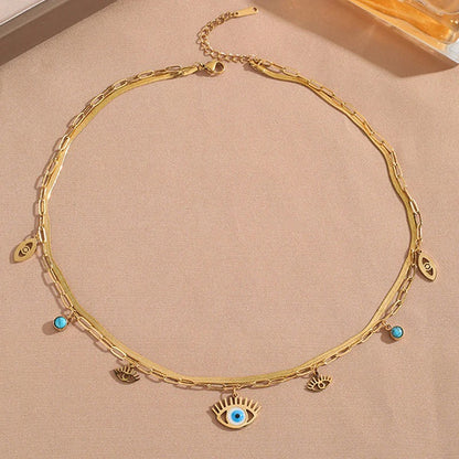 Gold Plated Stainless Steel Anti Tarnish Evil Eye themed Dual Strand Necklace For Women