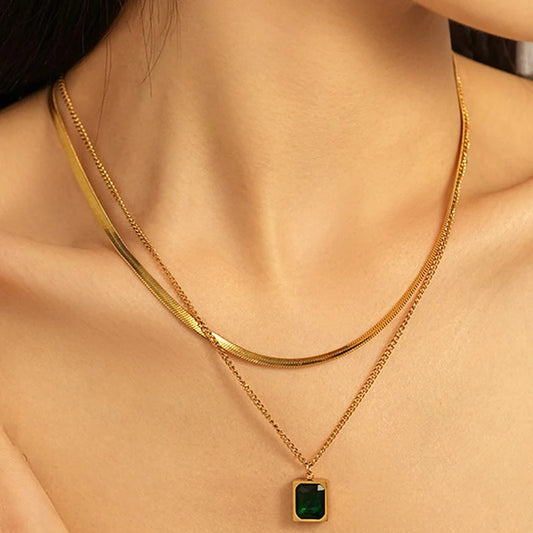 Gold-Plated Anti Tarnish Green Emerald Geometric Layered Necklace
