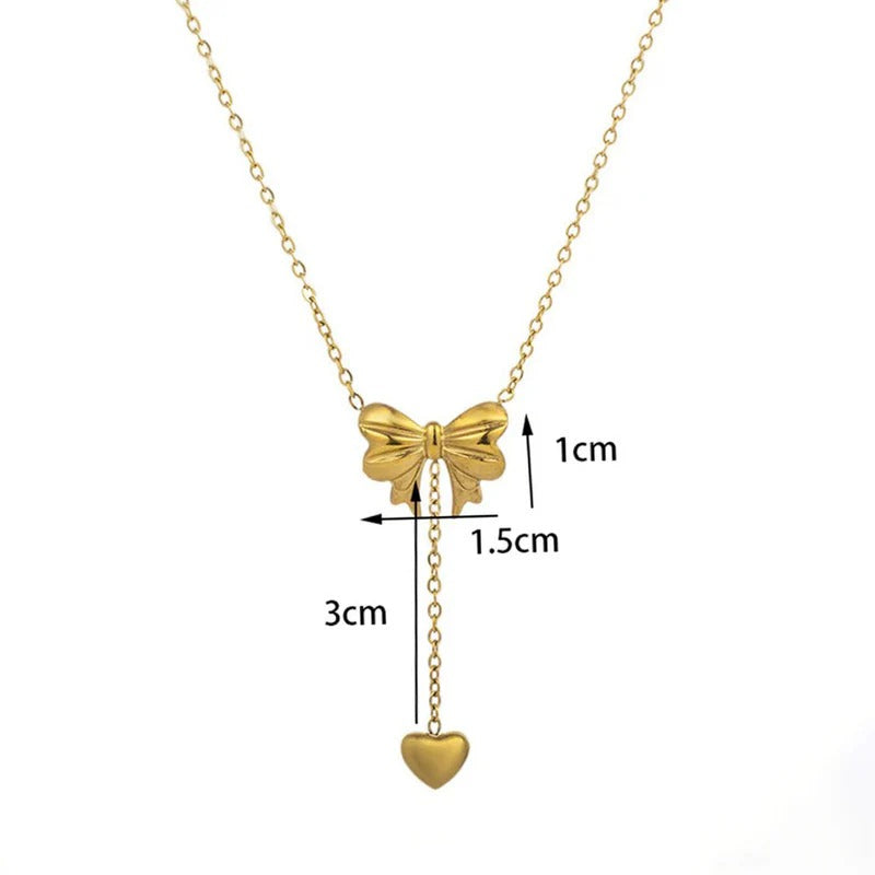 Gold Plated Stainless Steel Anti Tarnish Heart Themed Bow inspired Pendant Necklace