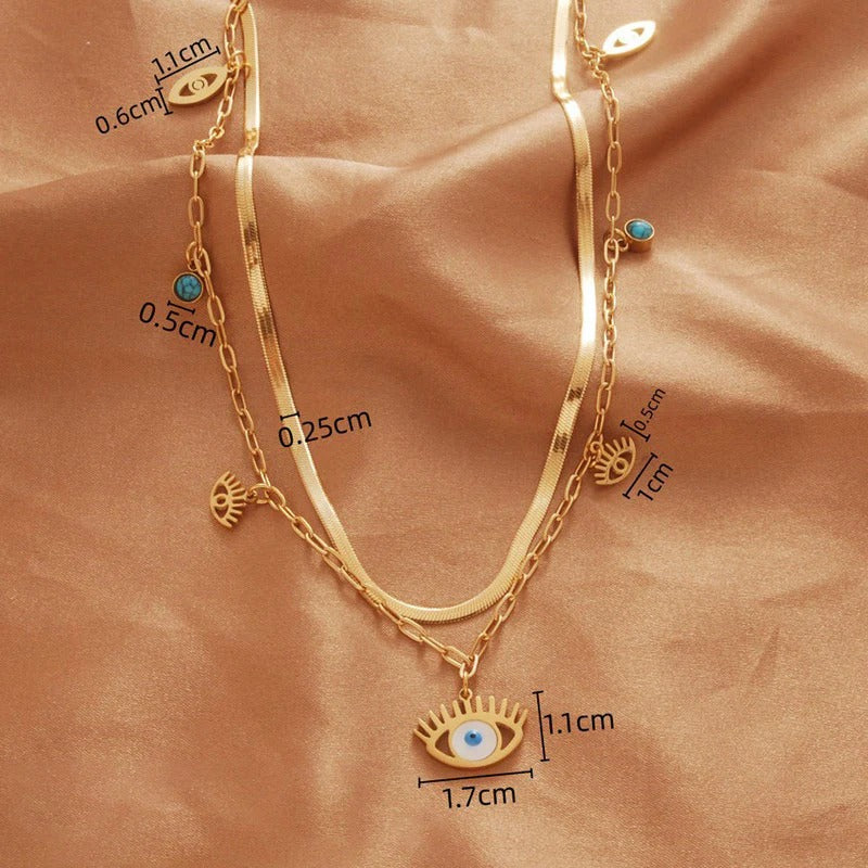 Gold Plated Stainless Steel Anti Tarnish Evil Eye themed Dual Strand Necklace For Women