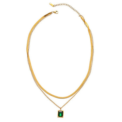 Gold-Plated Anti Tarnish Green Emerald Geometric Layered Necklace