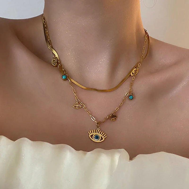 Gold Plated Stainless Steel Anti Tarnish Evil Eye themed Dual Strand Necklace For Women