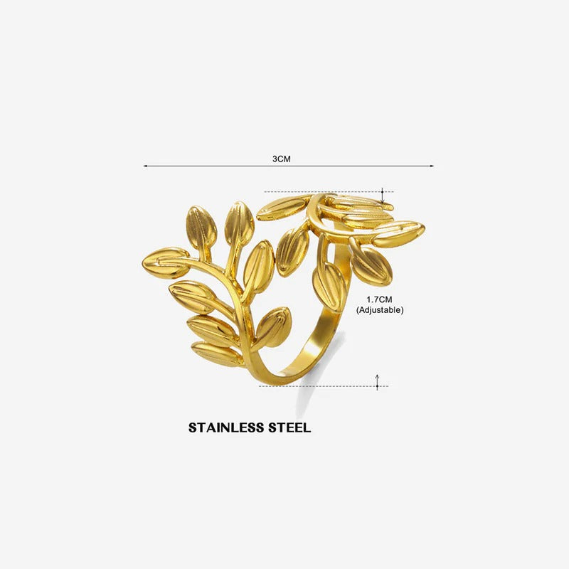 Gold Plated Anti Tarnish Stainless Steel Leaf Themed Adjustable Finger Ring